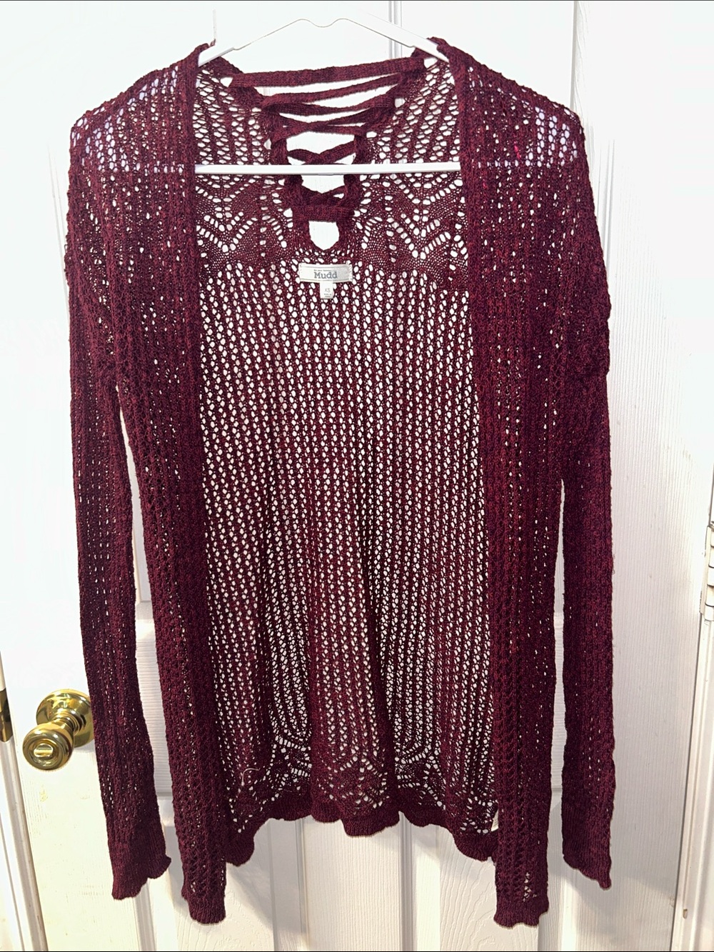 Mudd Open-Knit Lace-Up Back Cardigan in Burgundy